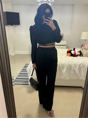 Women's Black High-Waist Wide-Leg Pants - and Wrap Top -SET